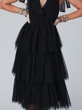 Black Tiered Swiss Dot Tulle V-Neck Women's Dress by Baltic Born
